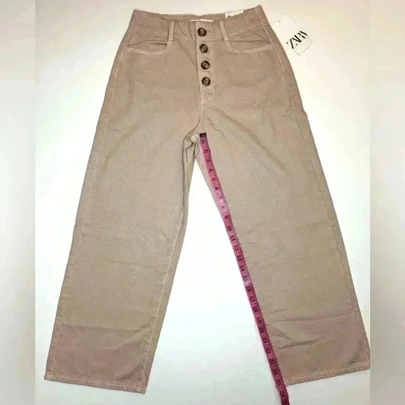 Zara Womens High Waist Exposed Button Culotte Jeans Pastel Pink Size 6 - Picture 5 of 11
